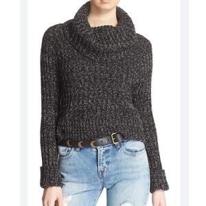 Free People Boho Marled Twisted Cable Cowl Neck Cozy Sweater Top Black Large